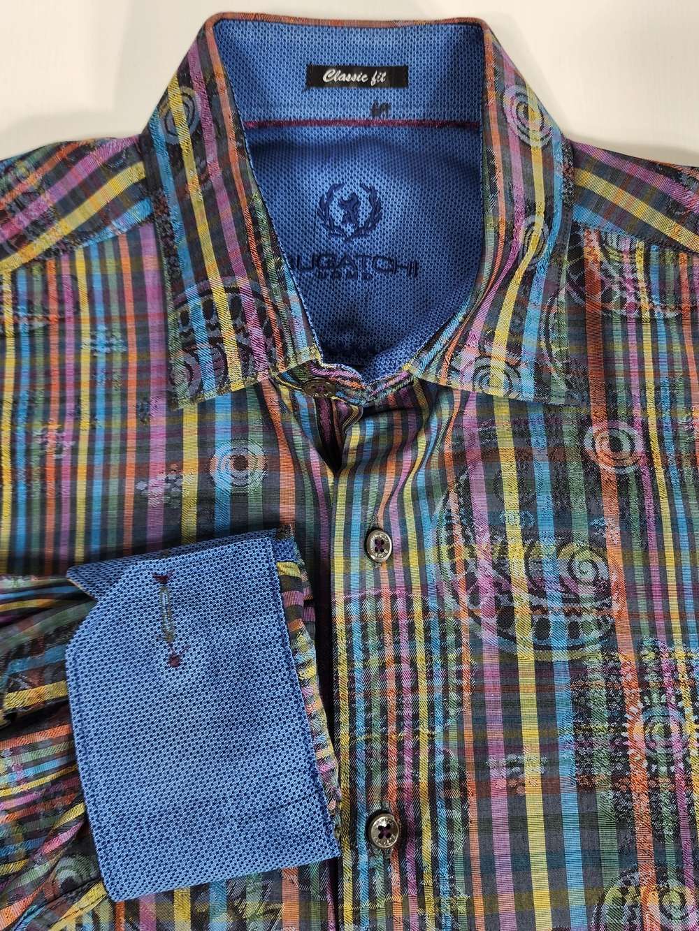 Bugatchi Multicolor Plaid Dress Shirt with Blue Contrast